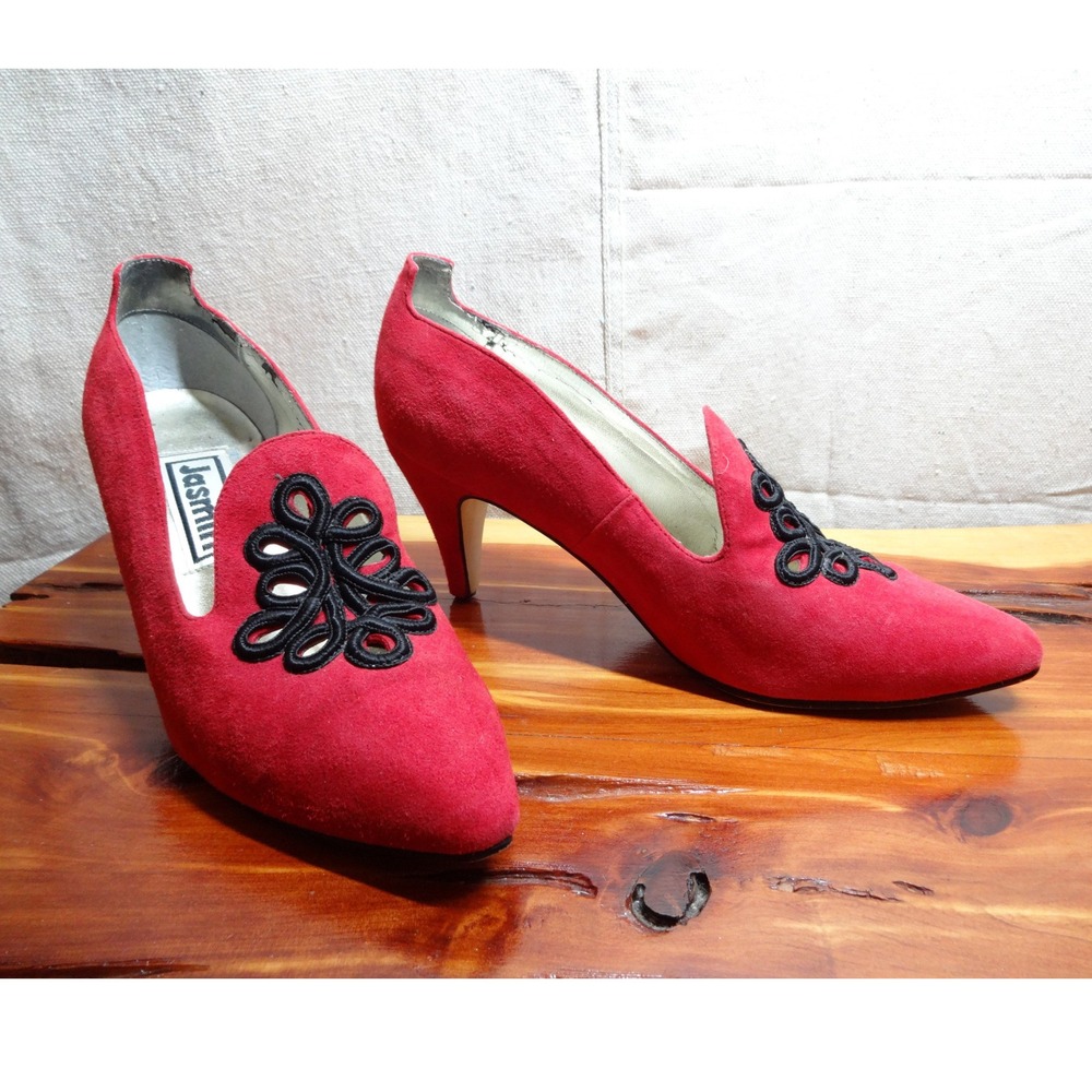 Vintage Jasmin Pumps 5.5 Red Suede Soutache Embroidered Heels Retro Victorian